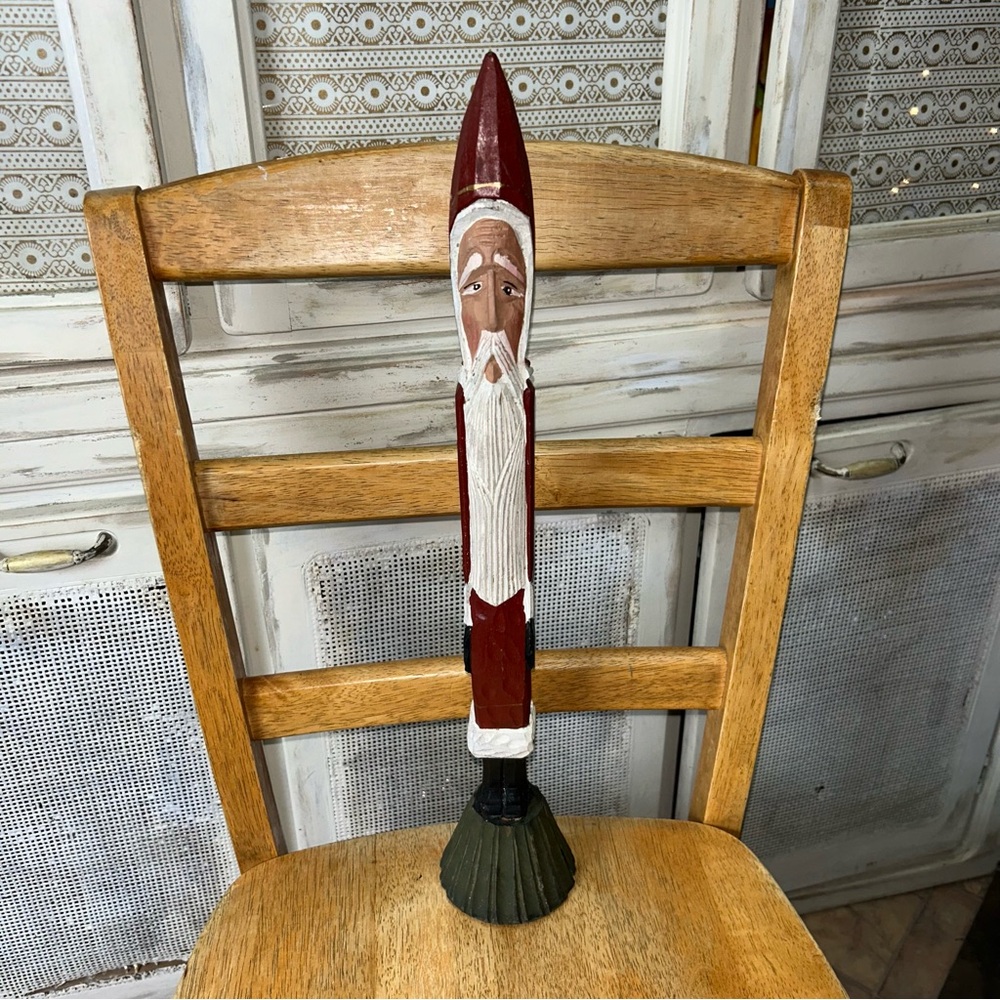 Vintage 20” Hand Carved Painted Wood Santa - Tall Skinny Pencil Folksy Rustic